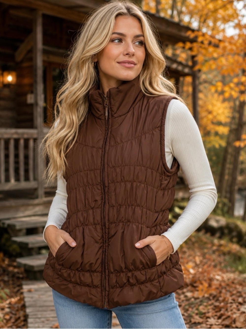 THRE3 Clothing Co. Chocolate Brown Quilted Puffer Vest Size L